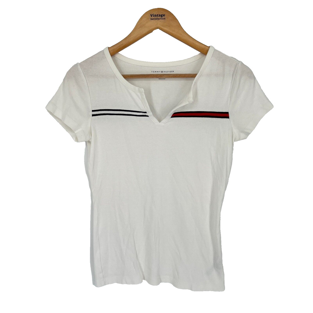 Tommy Hilfiger Fitted Baby Tee Sz S Y2K Inspired Stripe Logo Minimalist Preppy